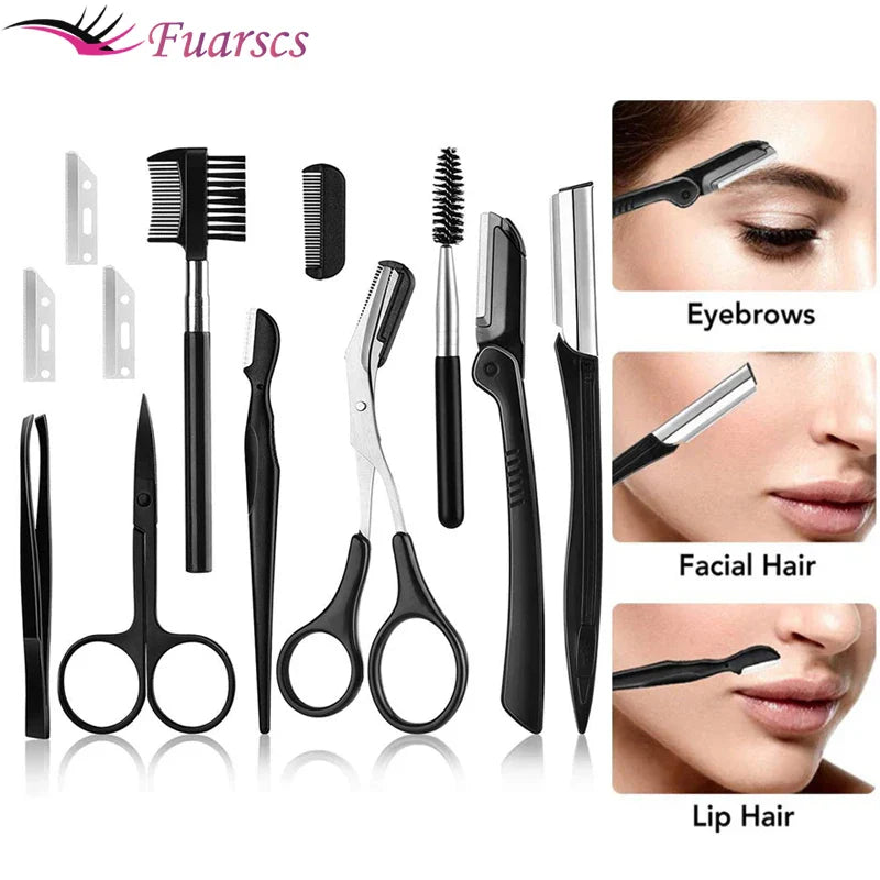 Kit de Sobrancelha 12 em 1 – Lâminas, Tesoura, Pente, Pinça, Escova e Aparador Facial para Design de Sobrancelhas e Cílios